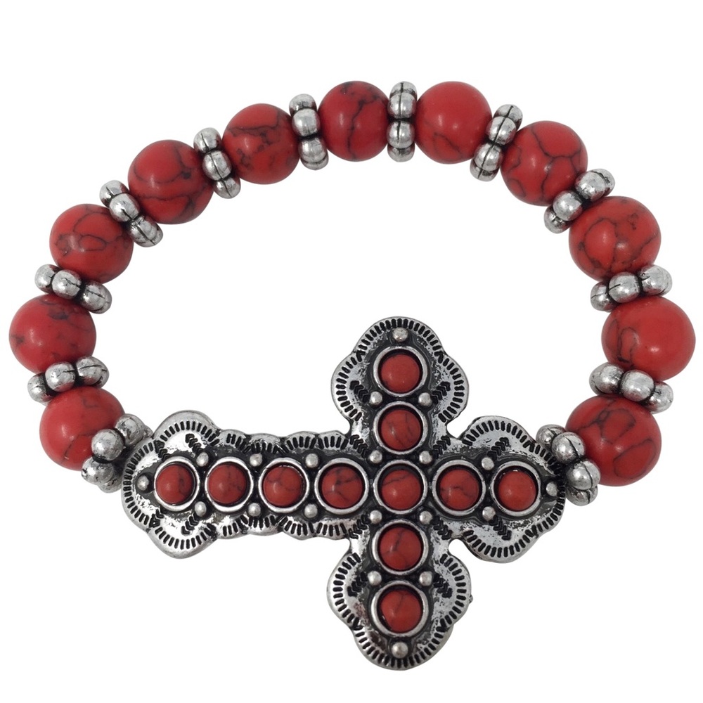 Sideways Cross Red Beaded Christian Stretch Bracelet
